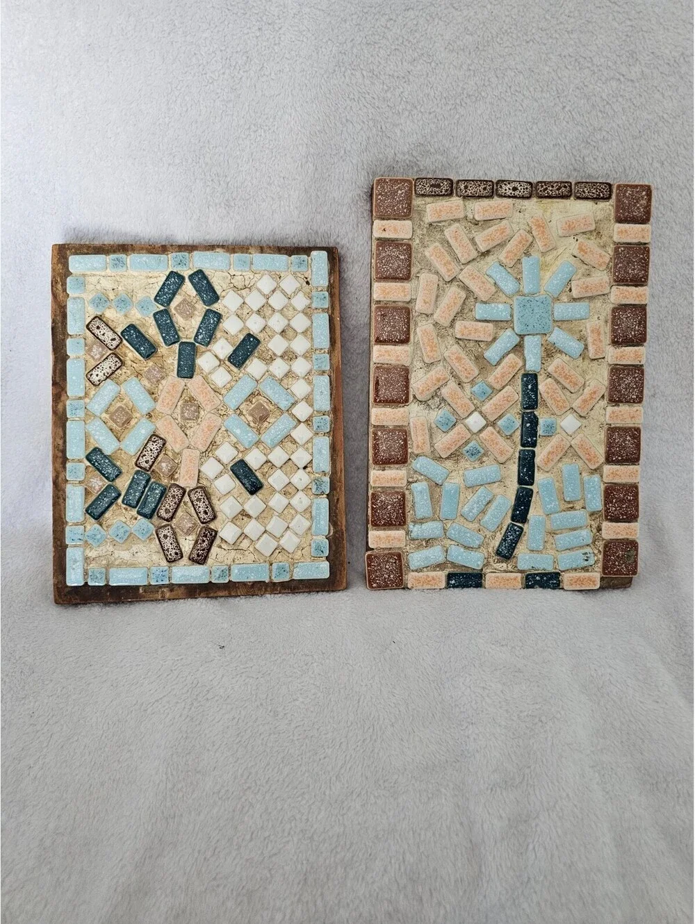 (2pc) Vintage Handmade Mosaic Art Pieces Decoration Multicolor Grout Base Wood